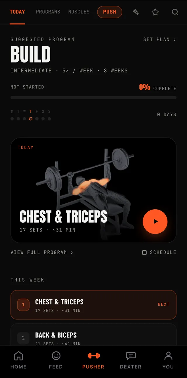 The Pusher tab: the Built Different program with today's Chest Day Energy session ready to start